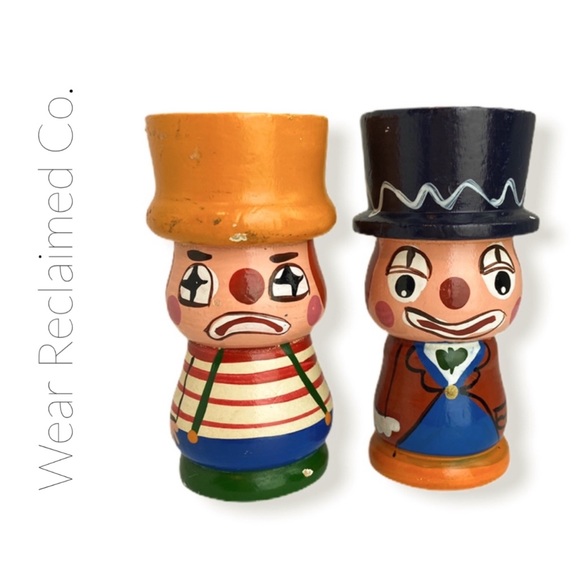 Vintage Other - VINTAGE Hand Painted Wood Clown Salt & Pepper Set